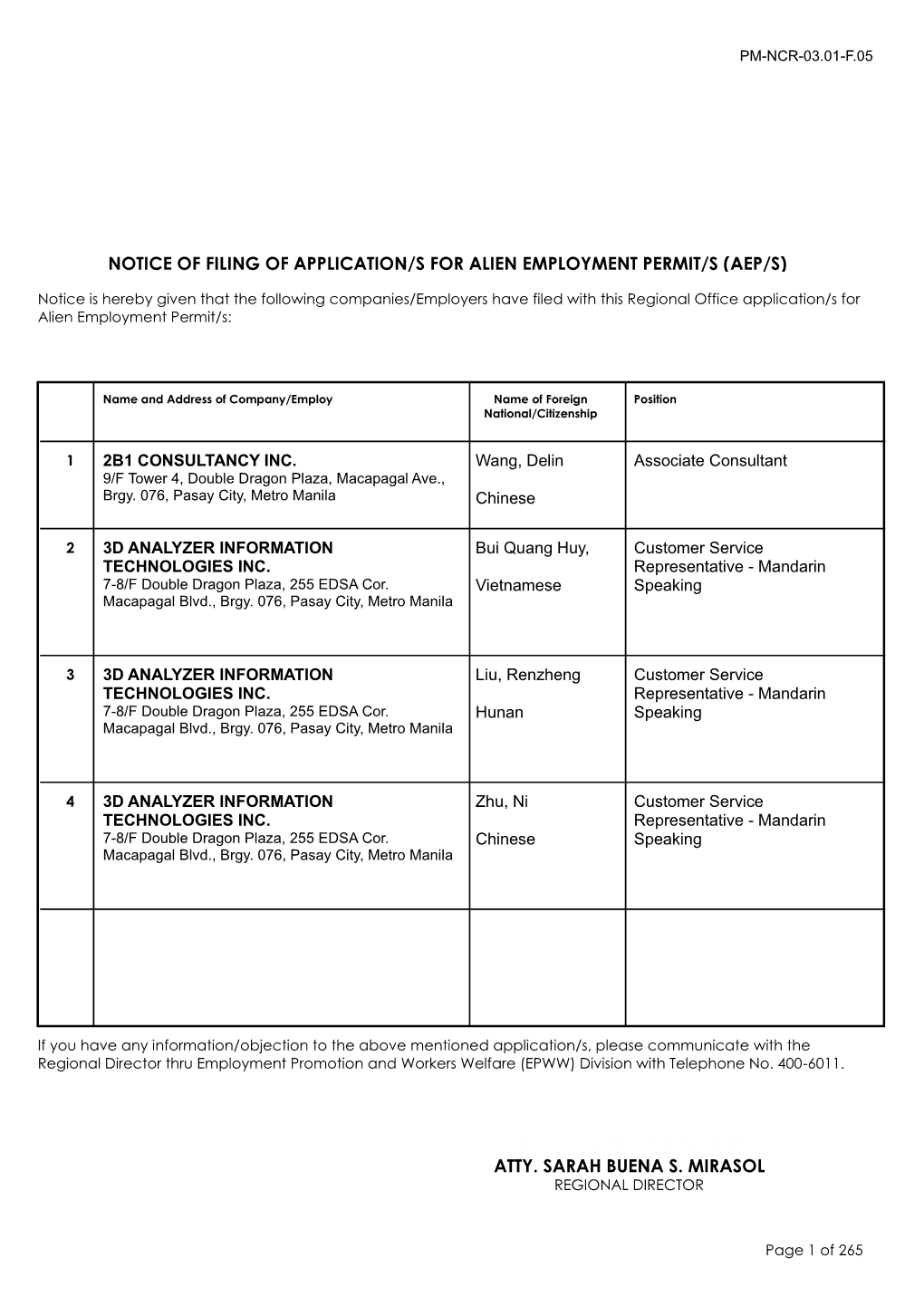 Notice of Filing of Application/S for Alien Employment Permit/S (Aep/S)