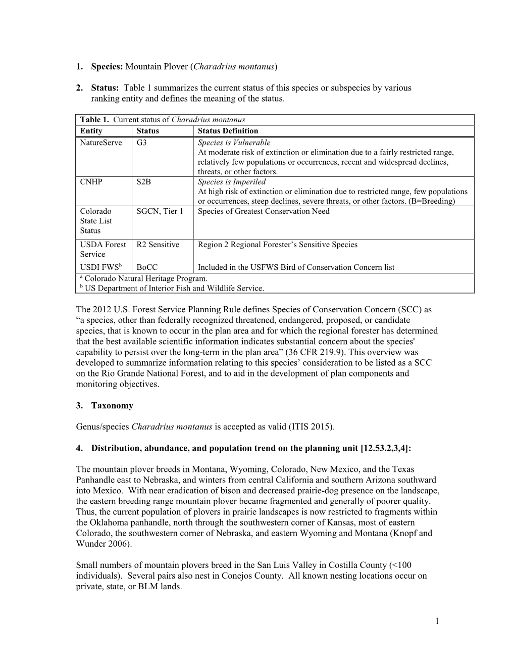 1 1. Species: Mountain Plover (Charadrius Montanus) 2. Status