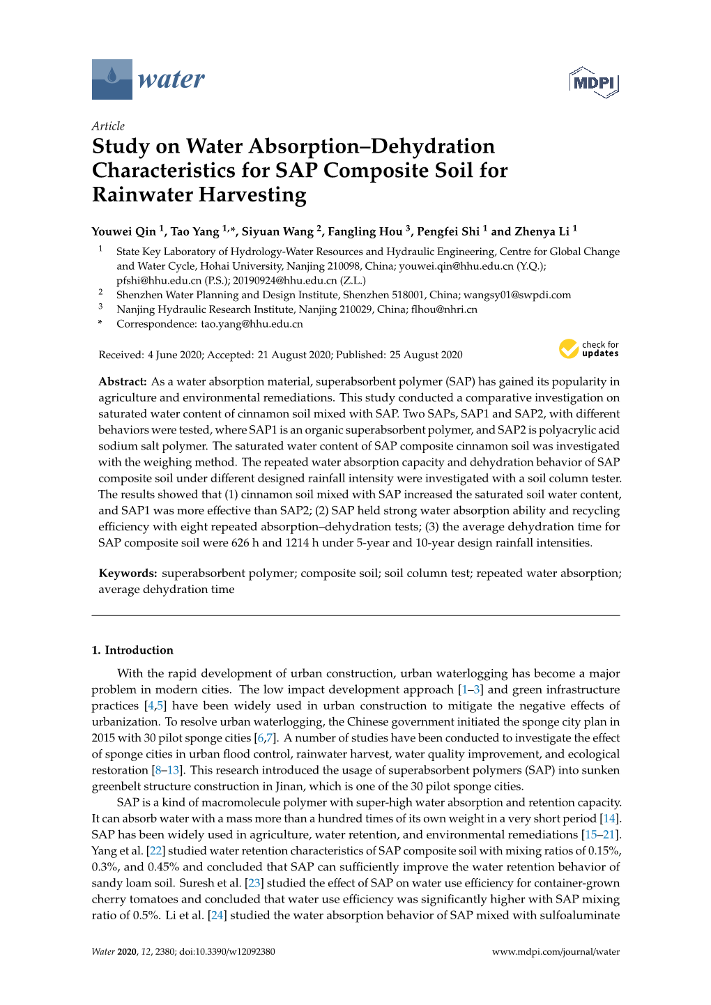 Study on Water Absorption–Dehydration Characteristics for SAP Composite Soil for Rainwater Harvesting