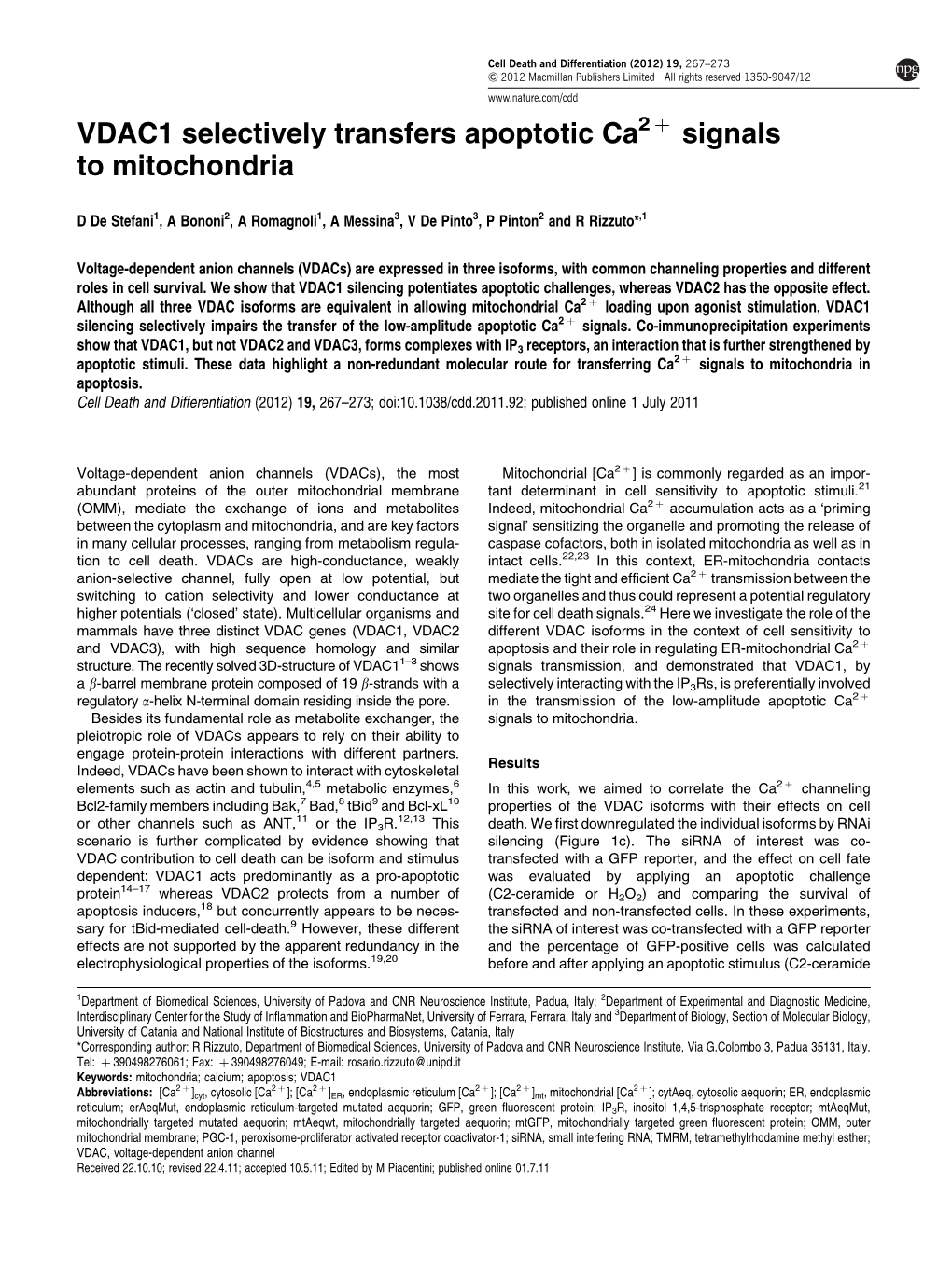 VDAC1 Selectively Transfers Apoptotic Ca2&Plus; Signals to Mitochondria