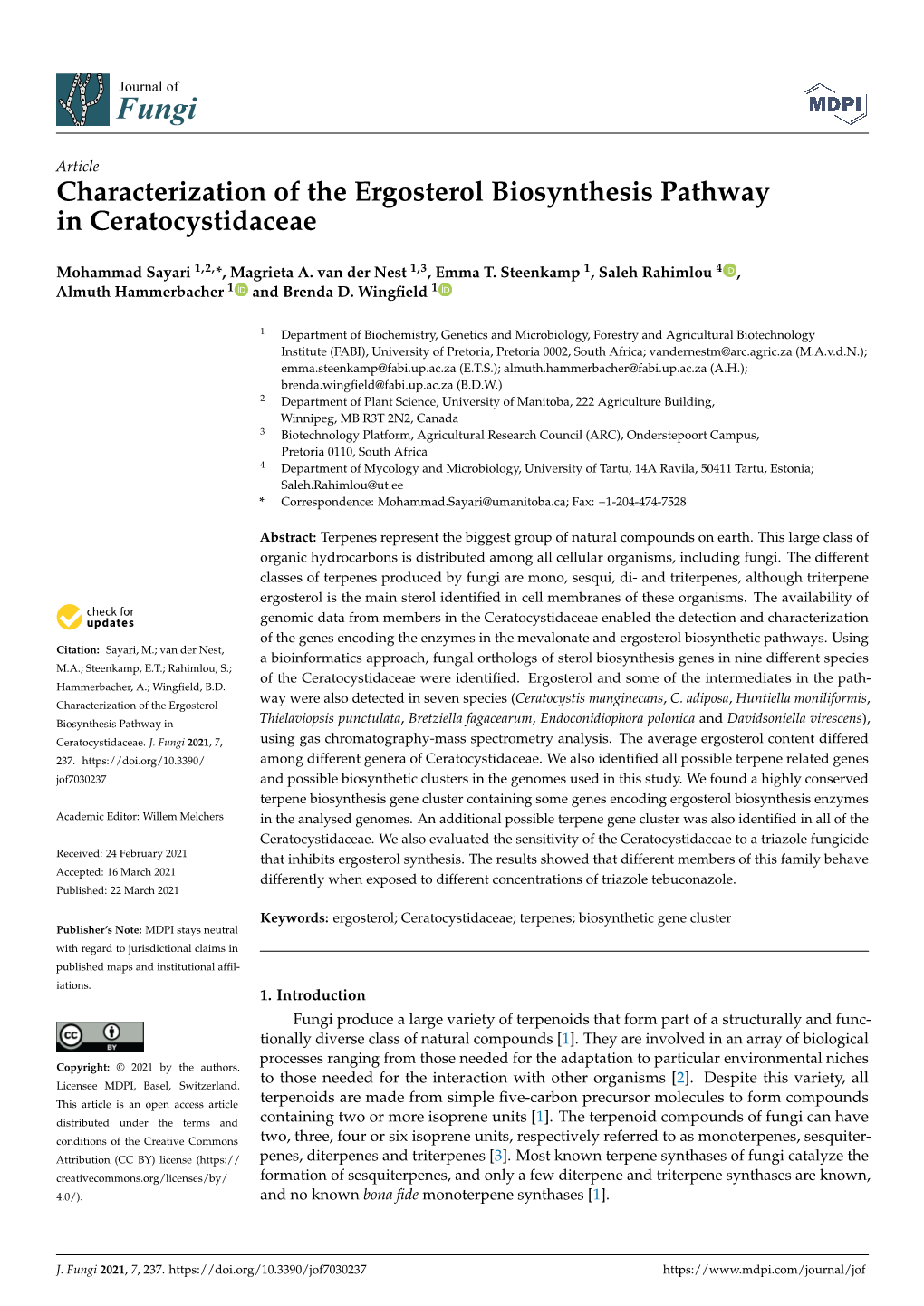 Characterization of the Ergosterol Biosynthesis Pathway in Ceratocystidaceae