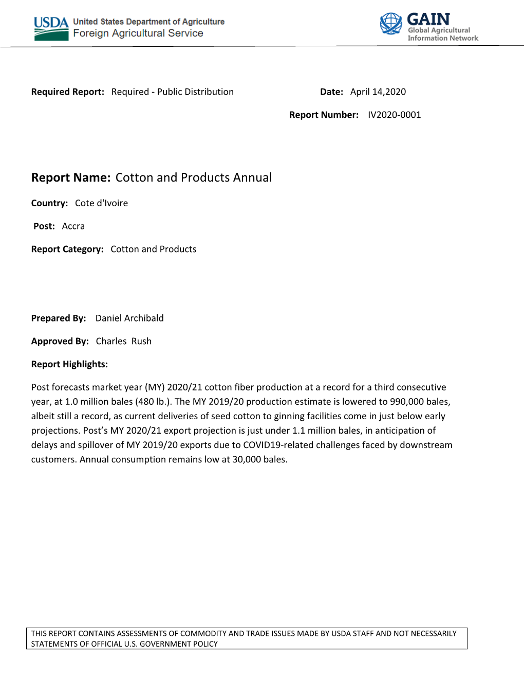 Report Name: Cotton and Products Annual