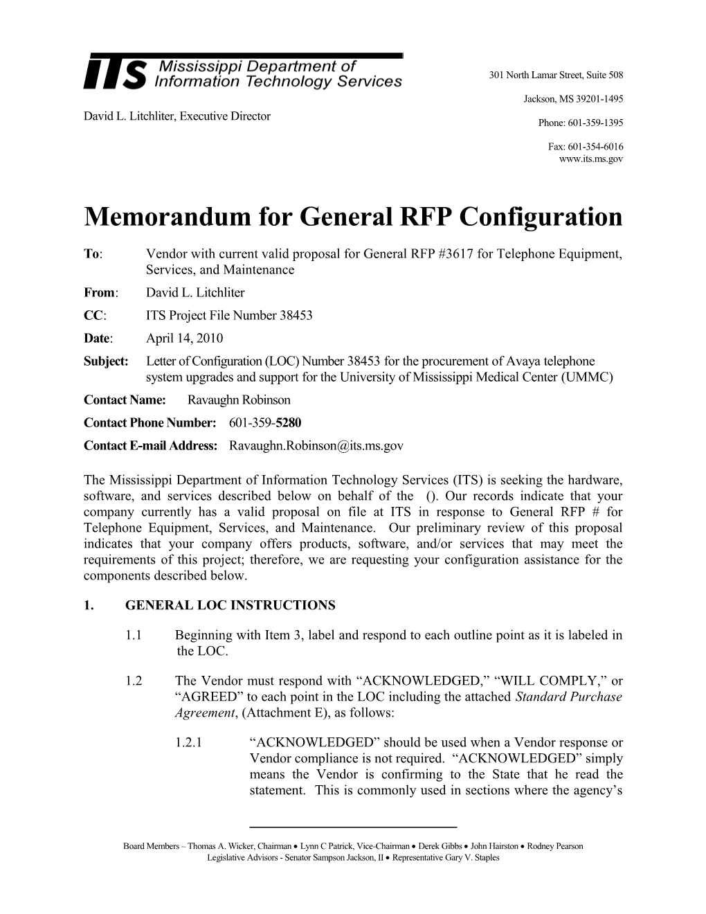 Memorandum for General RFP Configuration s19