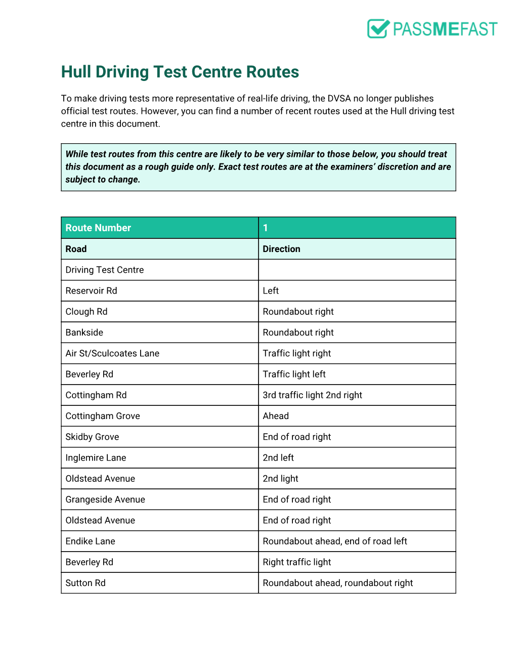 Hull Driving Test Centre Routes