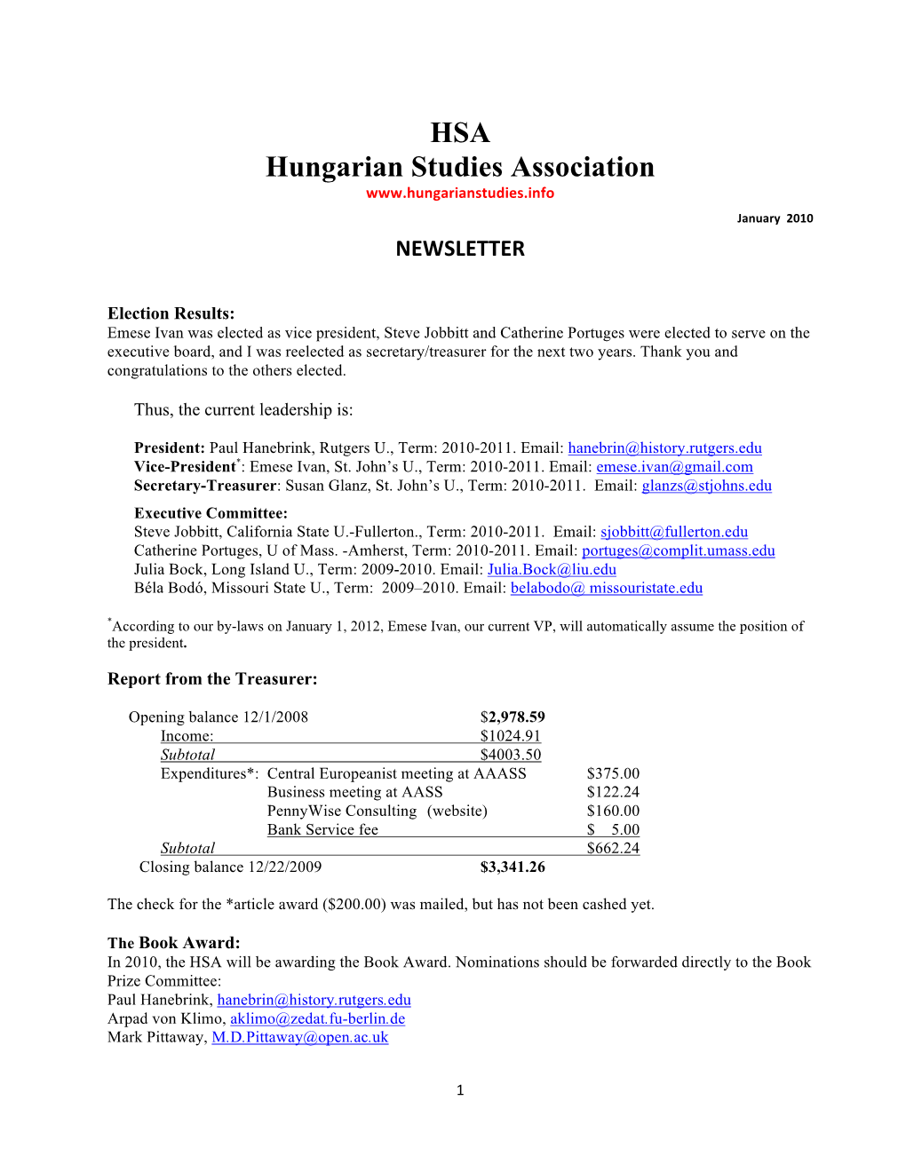 HSA January 2010 Newsletter