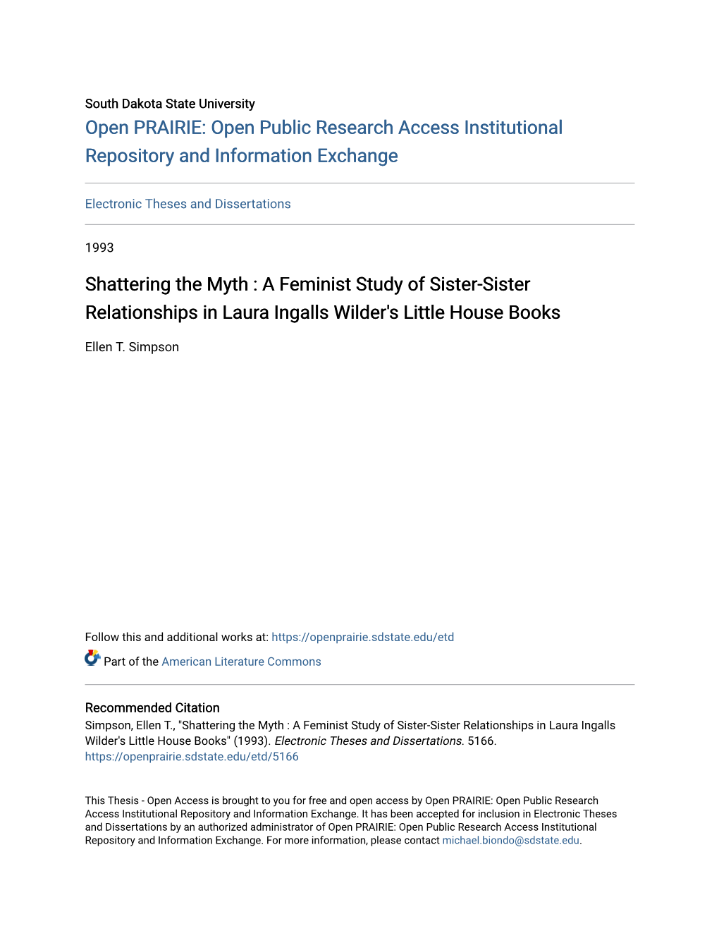 Shattering the Myth : a Feminist Study of Sister-Sister Relationships in Laura Ingalls Wilder's Little House Books