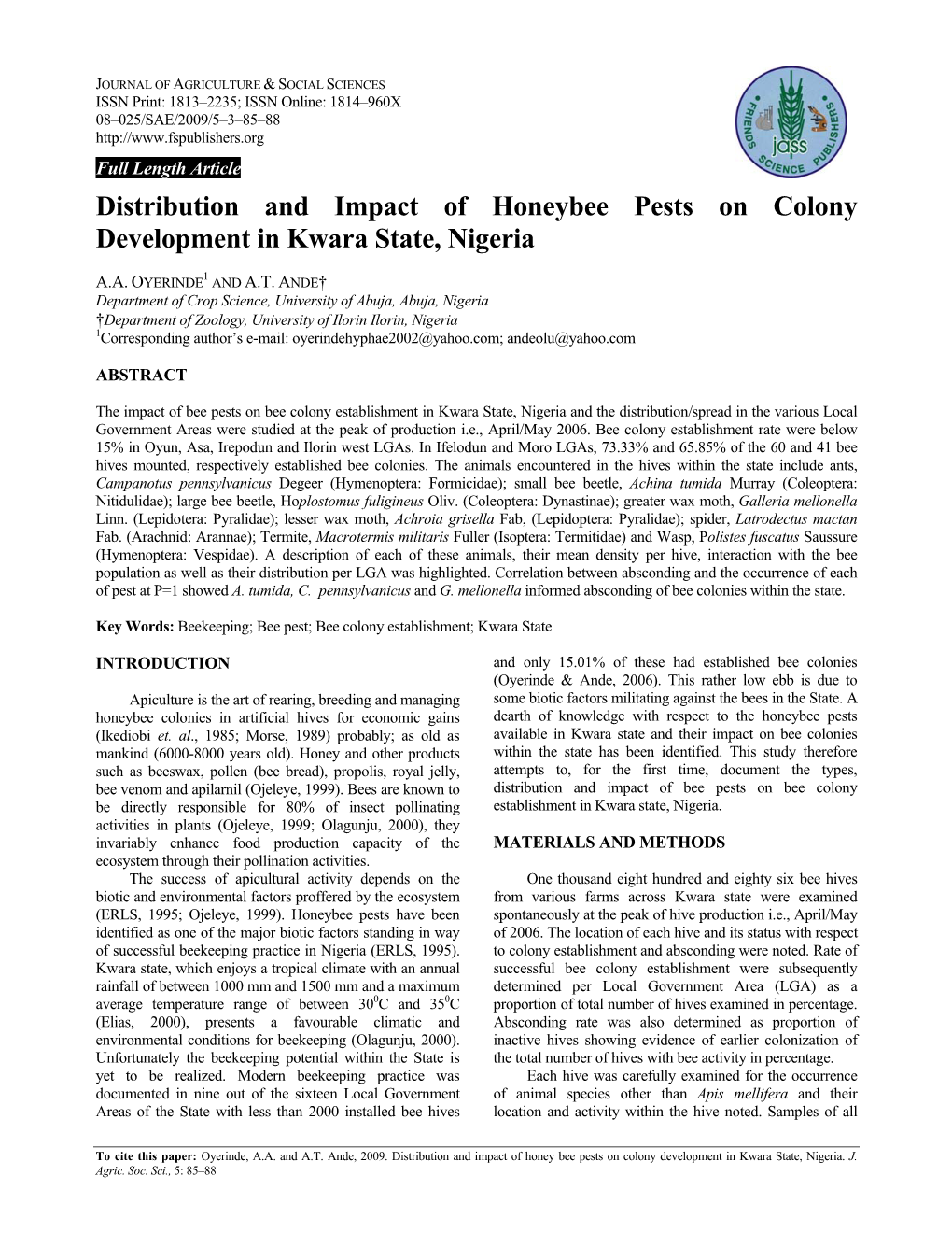 Distribution and Impact of Honeybee Pests on Colony Development in Kwara State, Nigeria