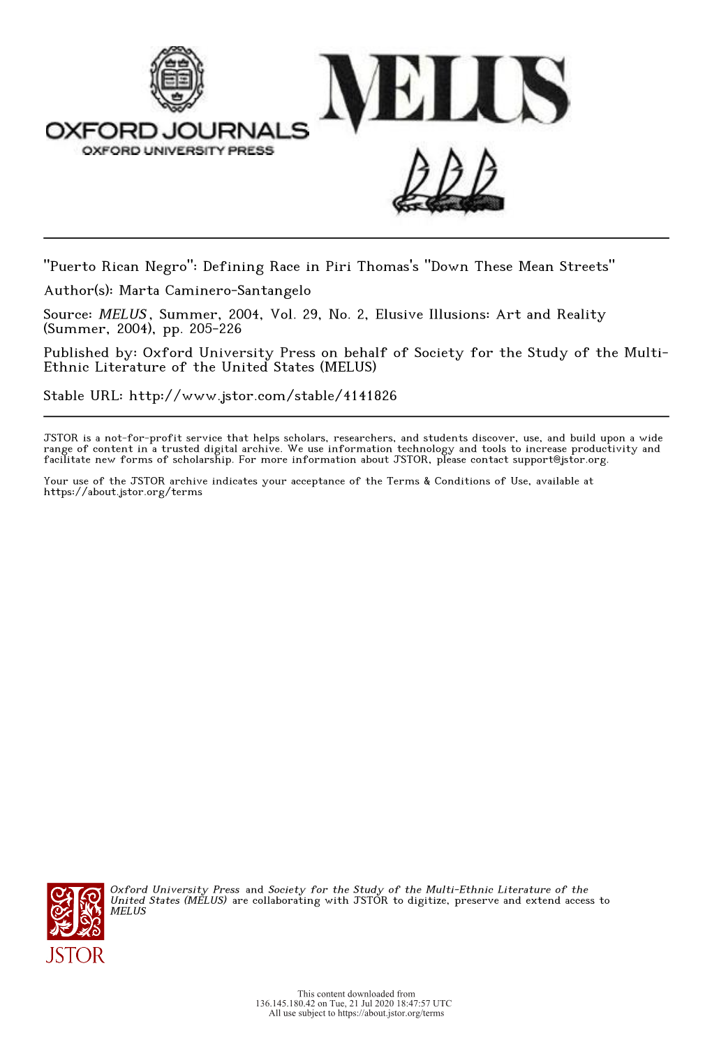 "Puerto Rican Negro": Defining Race in Piri Thomas's "Down These Mean Streets" Author(S): Marta Caminero-Santangelo Source: MELUS , Summer, 2004, Vol