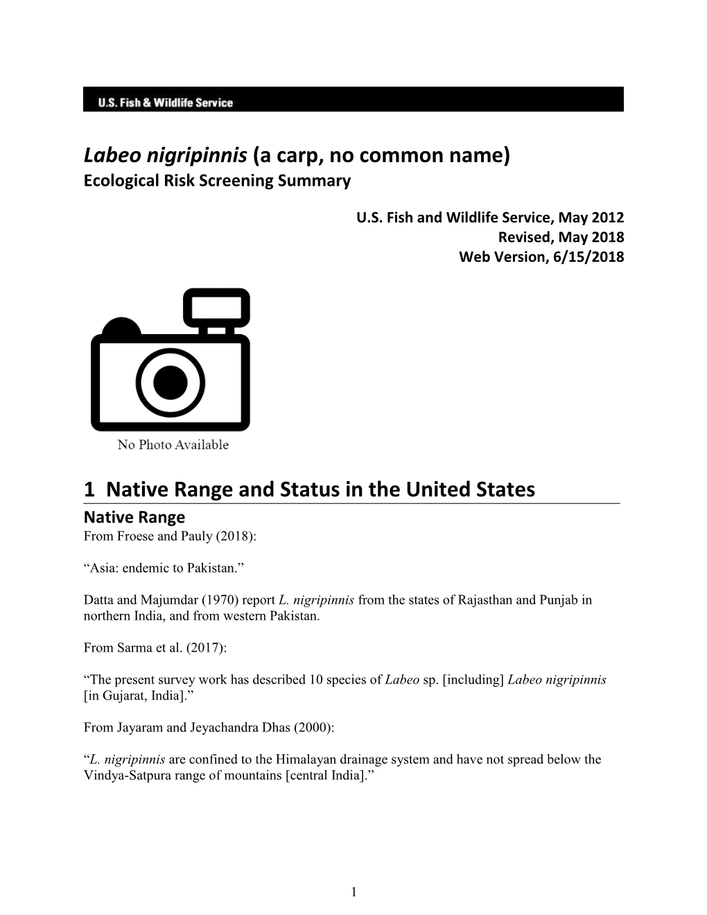 Labeo Nigripinnis (A Carp, No Common Name) Ecological Risk Screening Summary