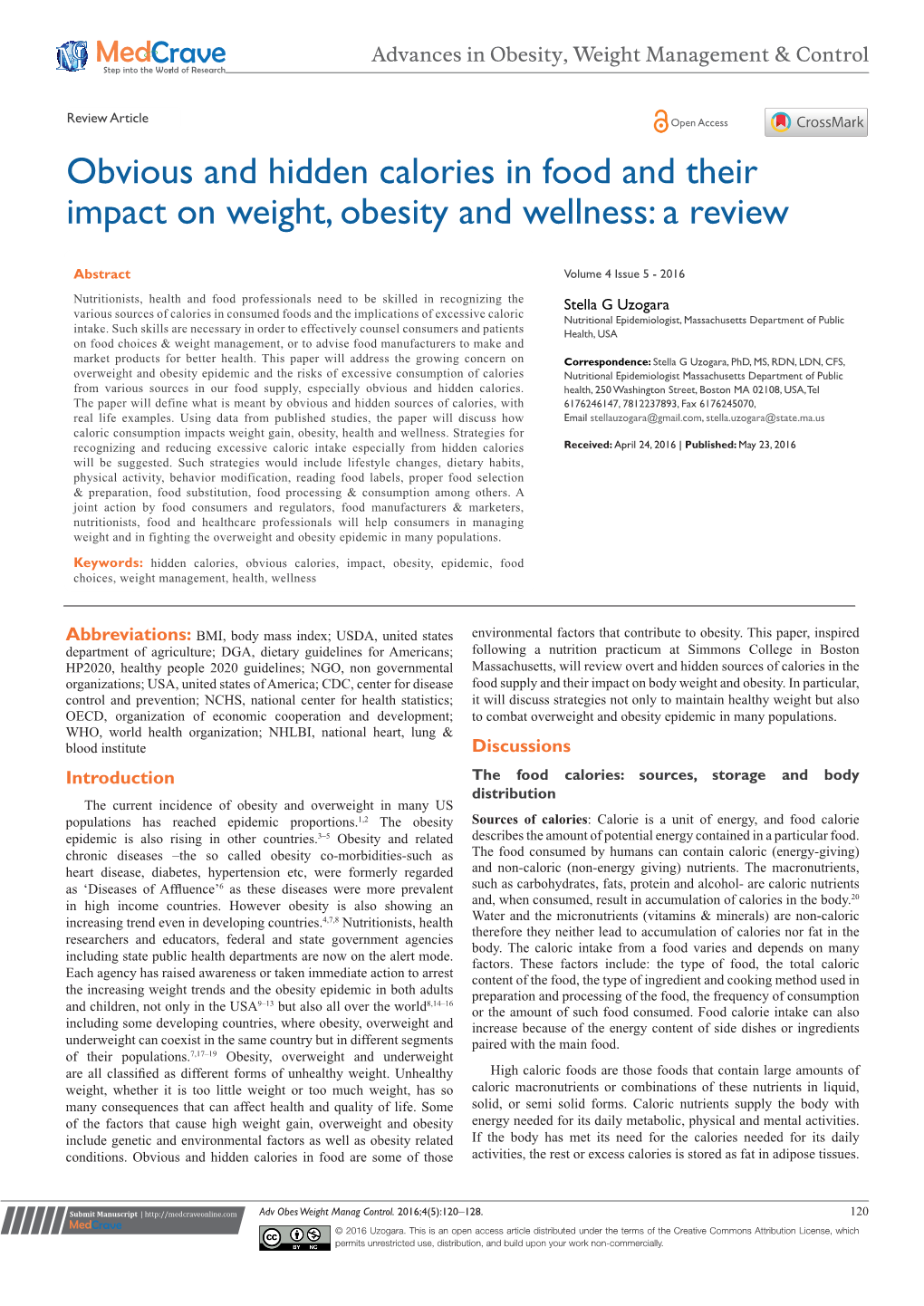 Uzogara SG. Obvious and Hidden Calories in Food and Their Impact on Weight, Obesity and Wellness: a Review