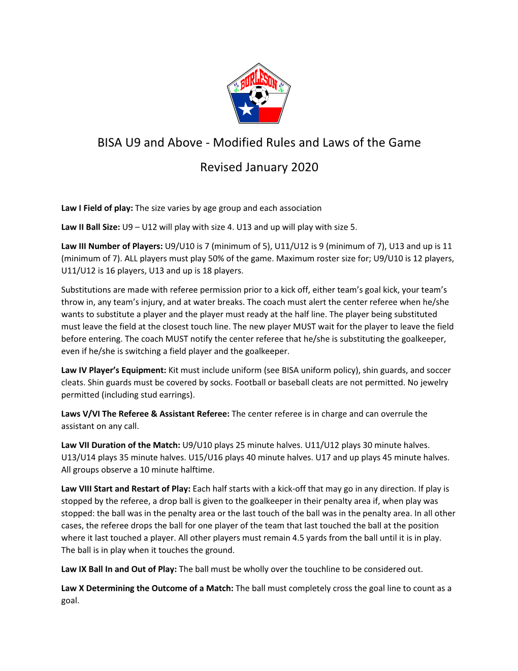 BISA U9 and Above - Modified Rules and Laws of the Game Revised January 2020