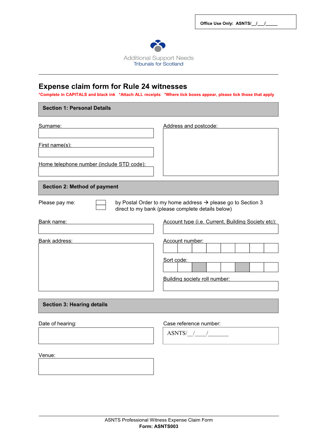 Expense Claim Form for Witnesses