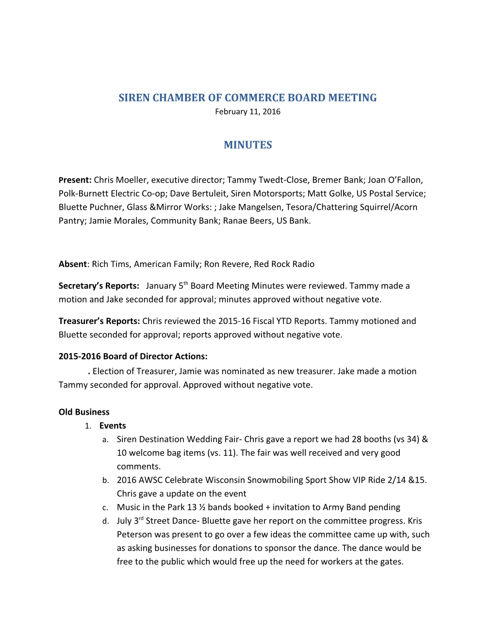 Siren Chamber of Commerce Board Meeting