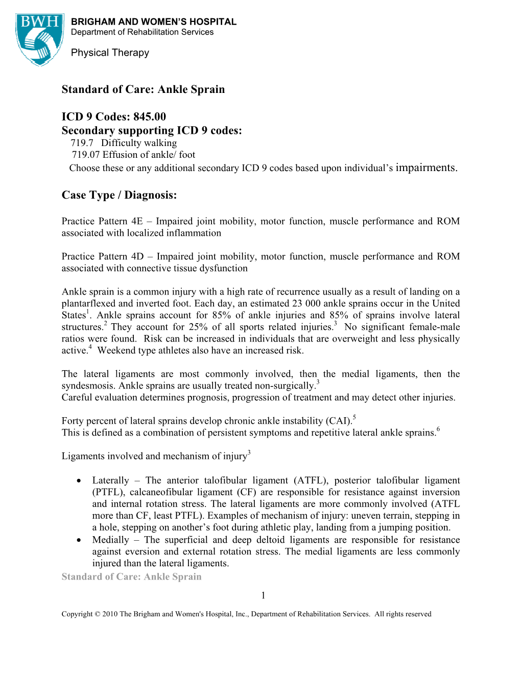 Standard of Care: Ankle Sprain ICD 9 Codes