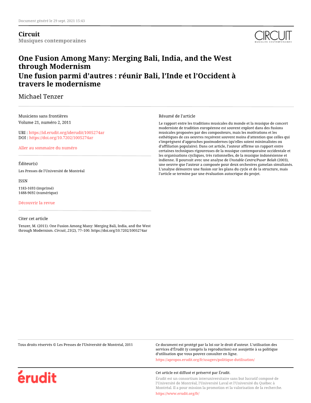 Merging Bali, India, and the West Through Modernism Une Fusion Parmi D’Autres : Réunir Bali, L’Inde Et L’Occident À Travers Le Modernisme Michael Tenzer