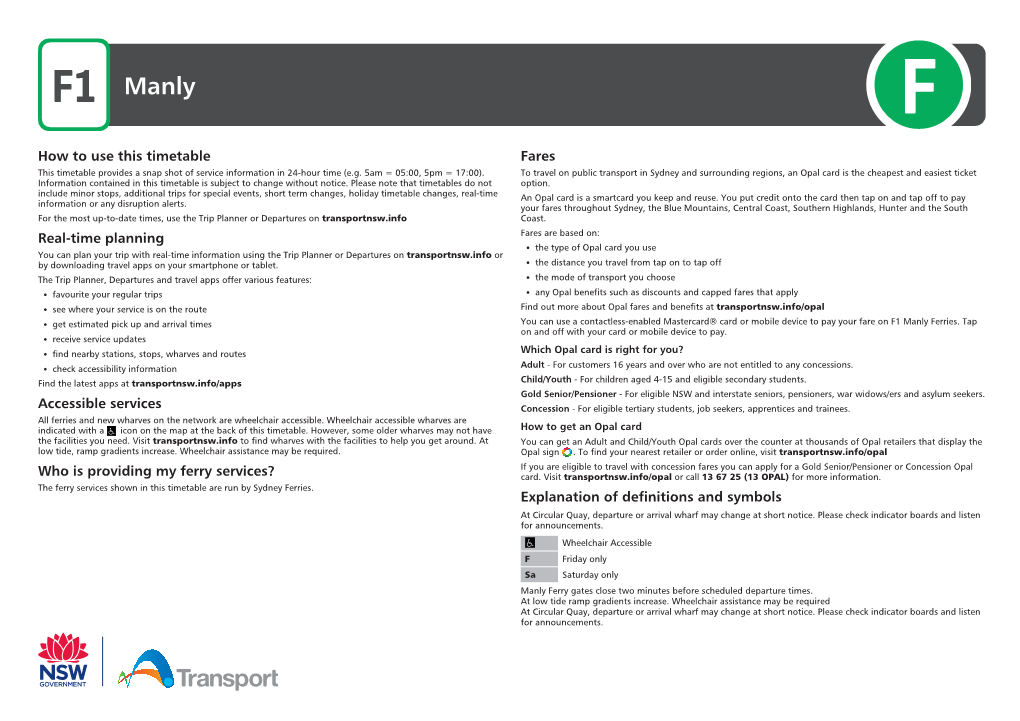 Manly Ferry Timetable