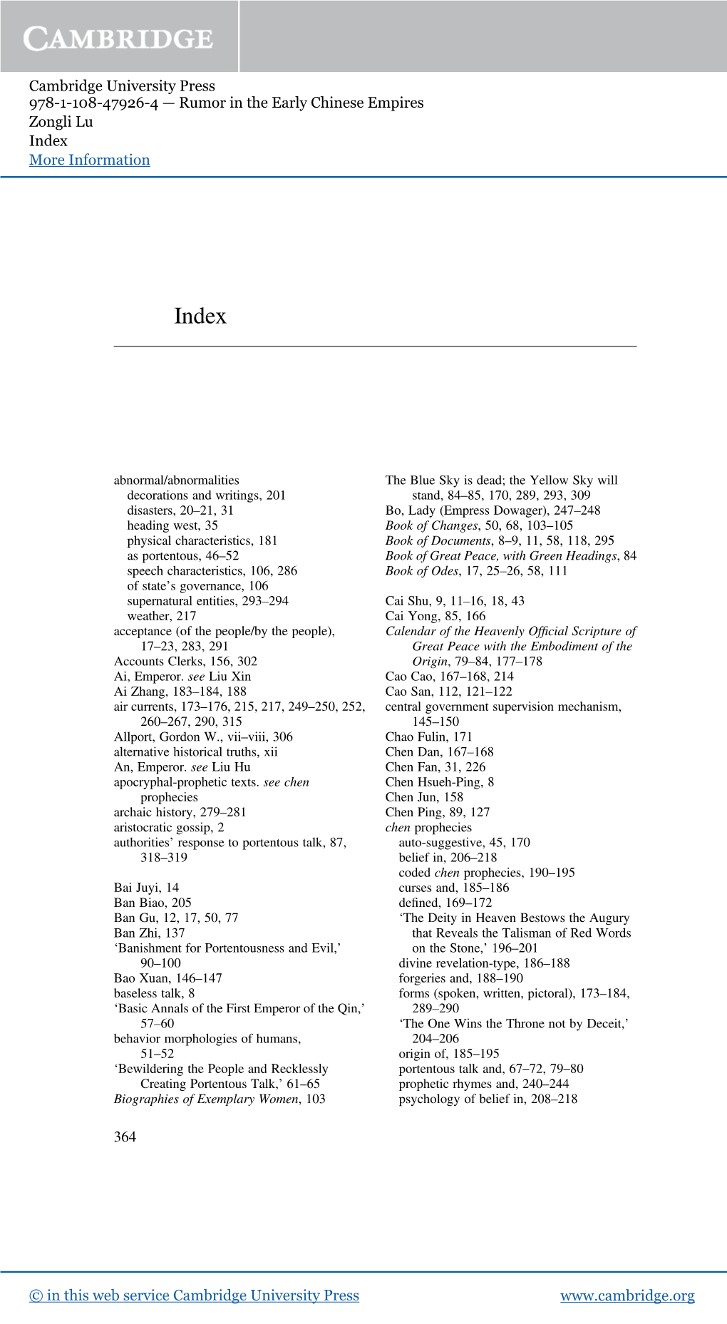 Cambridge University Press 978-1-108-47926-4 — Rumor in the Early Chinese Empires Zongli Lu Index More Information