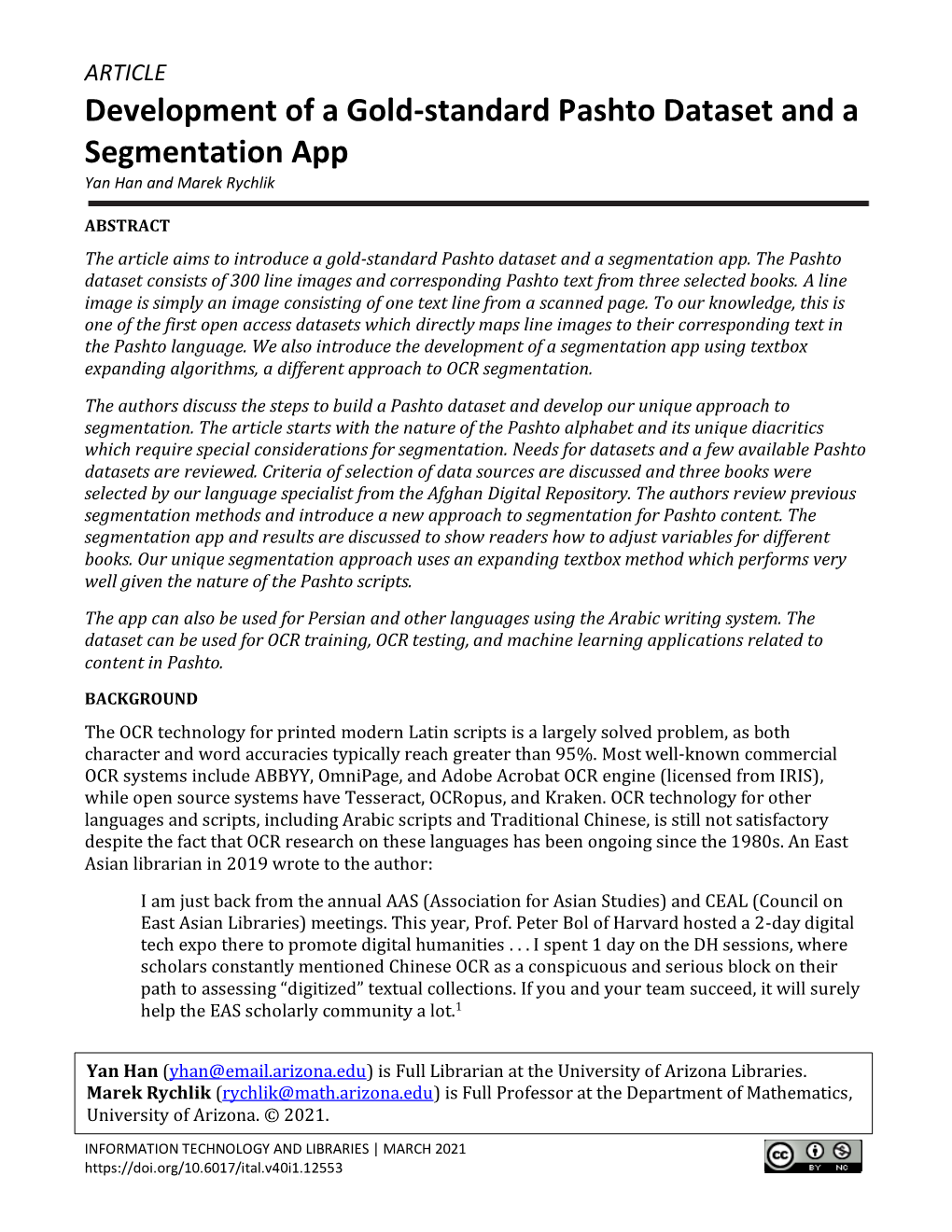 ARTICLE Development of a Gold-Standard Pashto Dataset and a Segmentation App Yan Han and Marek Rychlik