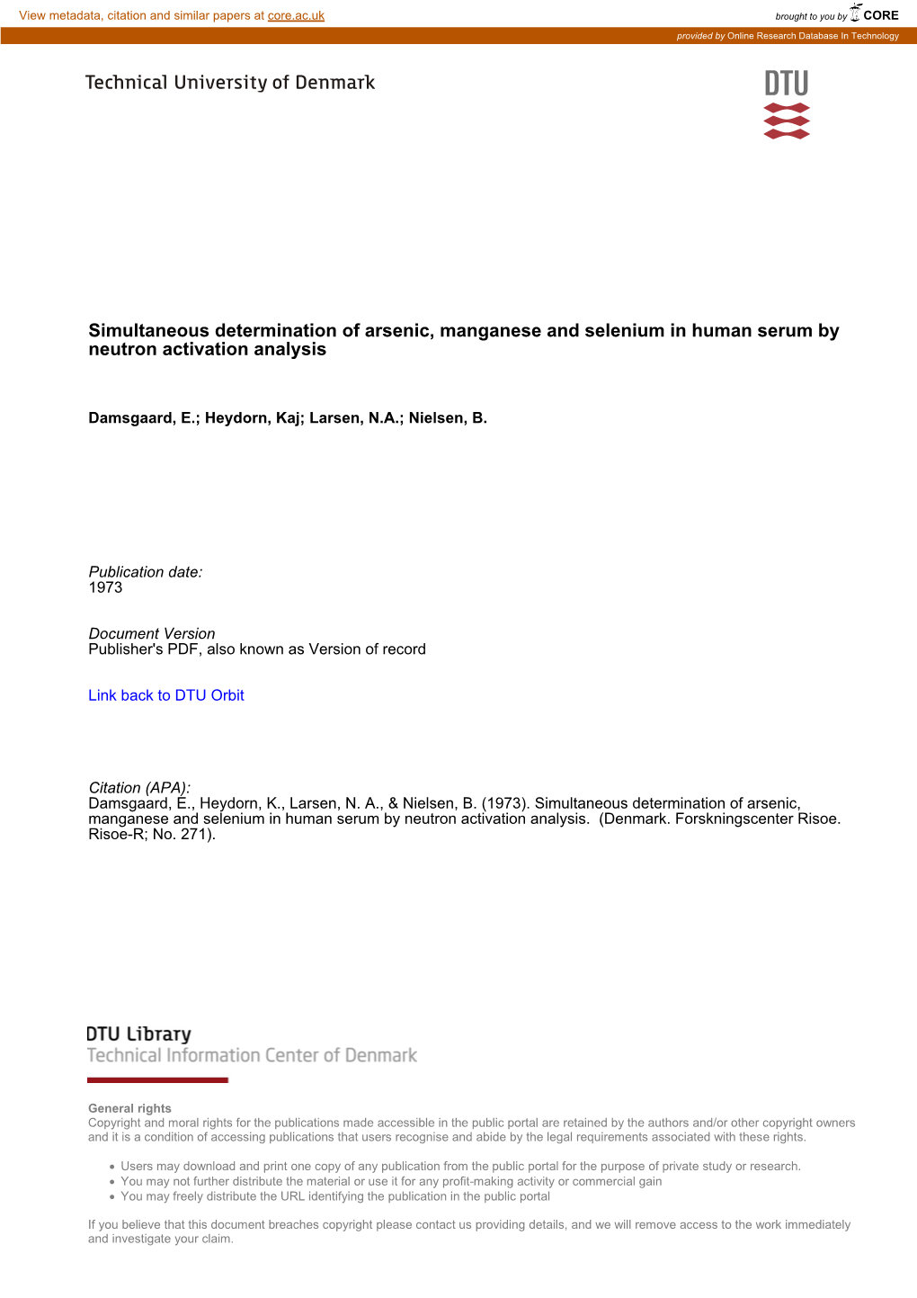 Simultaneous Determination of Arsenic, Manganese and Selenium in Human Serum by Neutron Activation Analysis