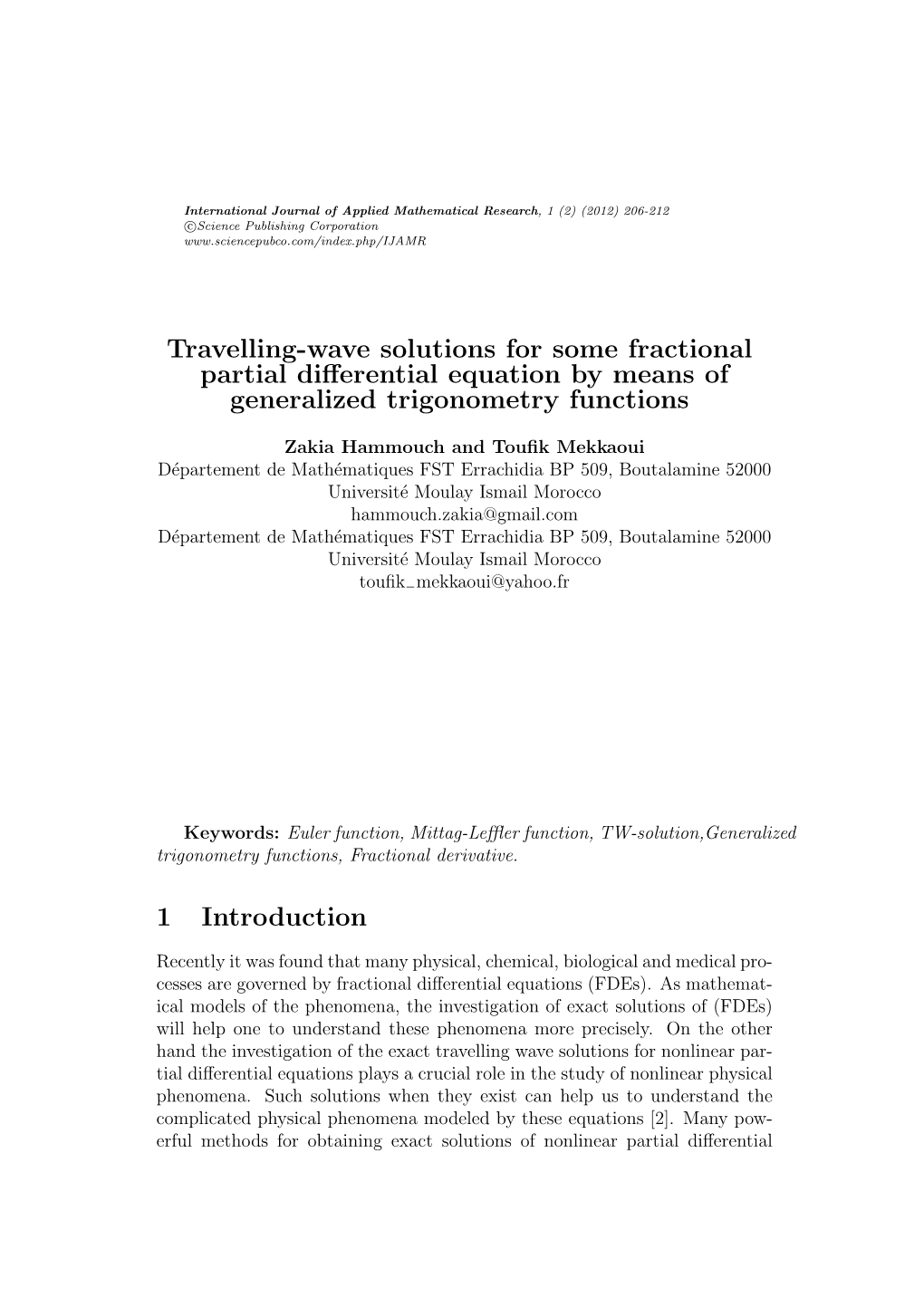 Travelling-Wave Solutions for Some Fractional Partial Differential