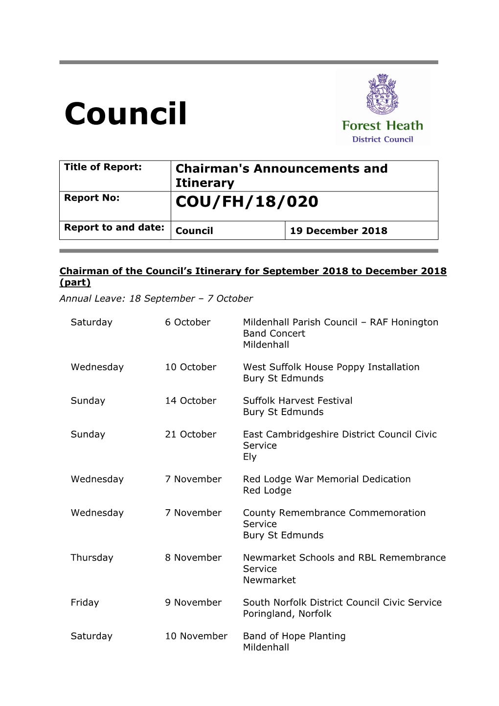 Chairman's Announcements (Report No: COU/FH/18/020) PDF 121 KB