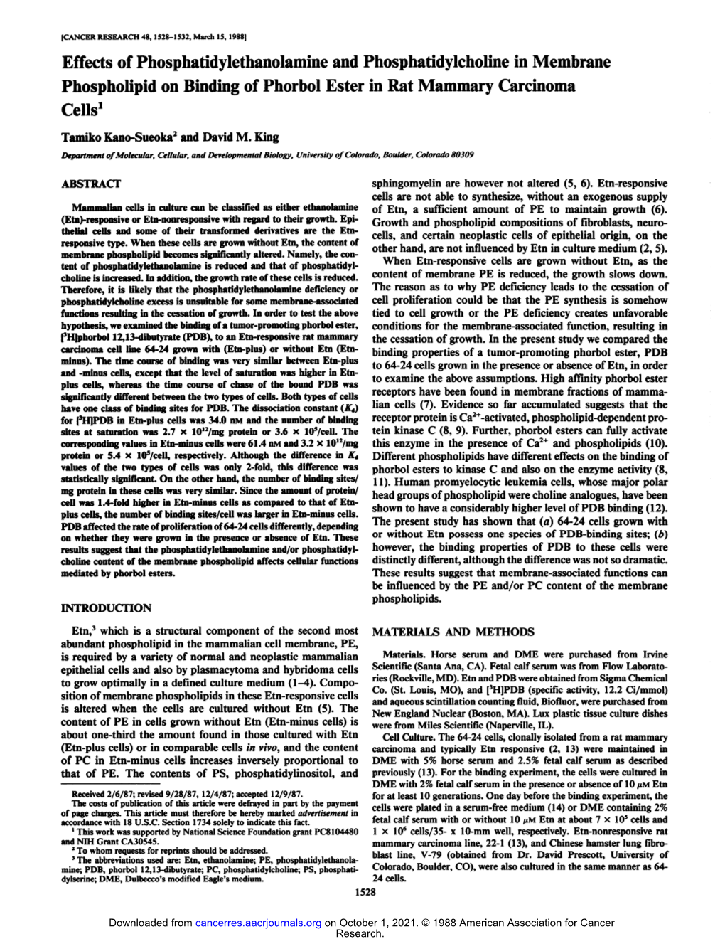 Effects of Phosphatidylethanolamine and Phosphatidylcholine in Membrane Phospholipid on Binding of Phorbol Ester in Rat Mammary Carcinoma Cells1