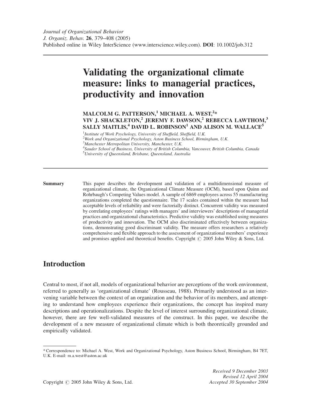 Validating the Organizational Climate Measure: Links to Managerial Practices, Productivity and Innovation