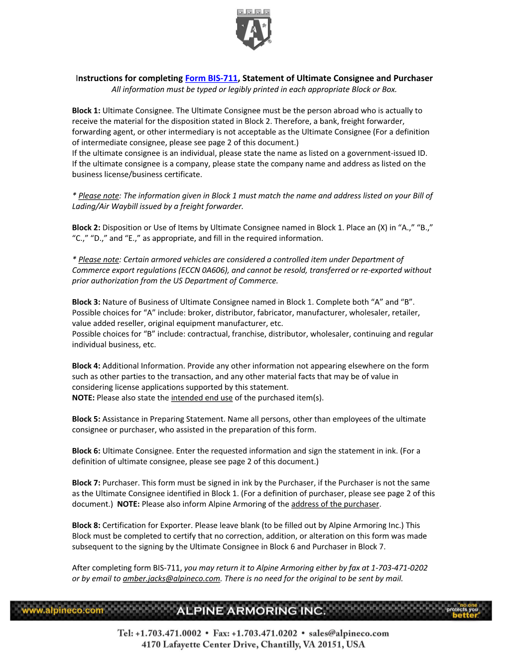 Instructions for Completing Form BIS-711, Statement of Ultimate Consignee and Purchaser