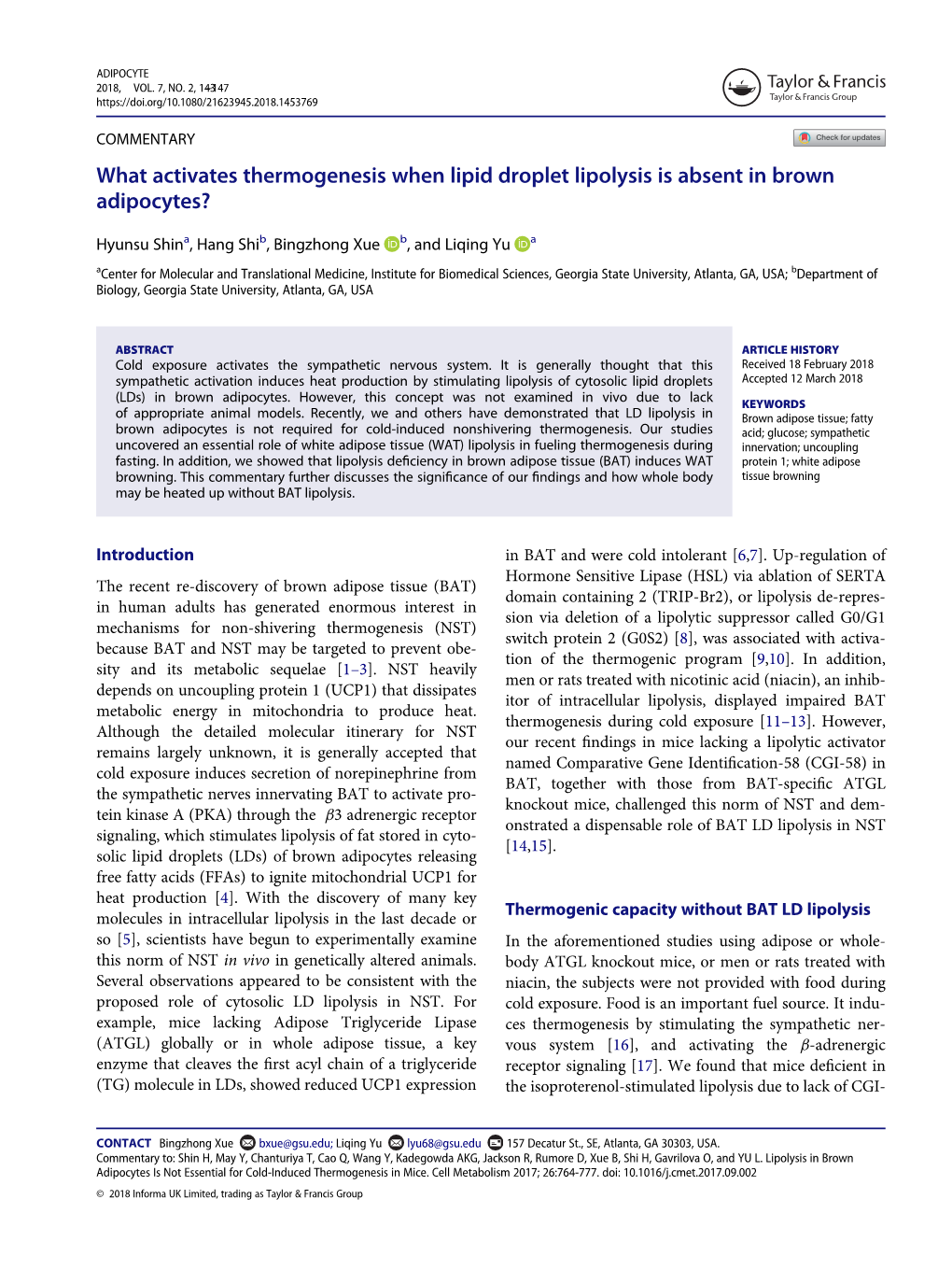 What Activates Thermogenesis When Lipid Droplet Lipolysis Is Absent in Brown Adipocytes?