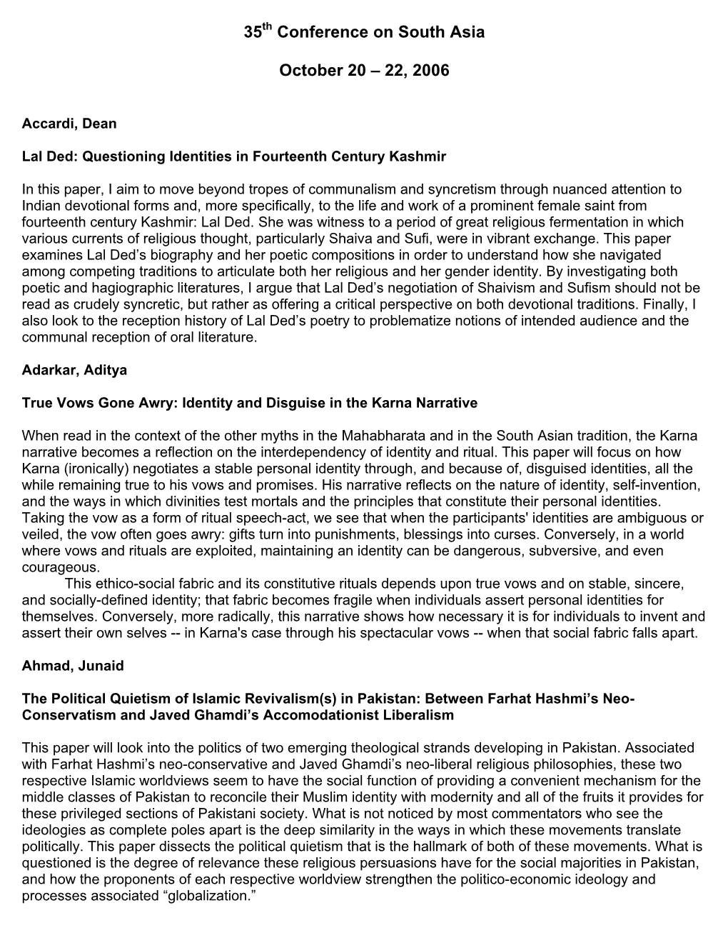 The 35Th Annual Conference on South Asia (2006) Paper Abstracts