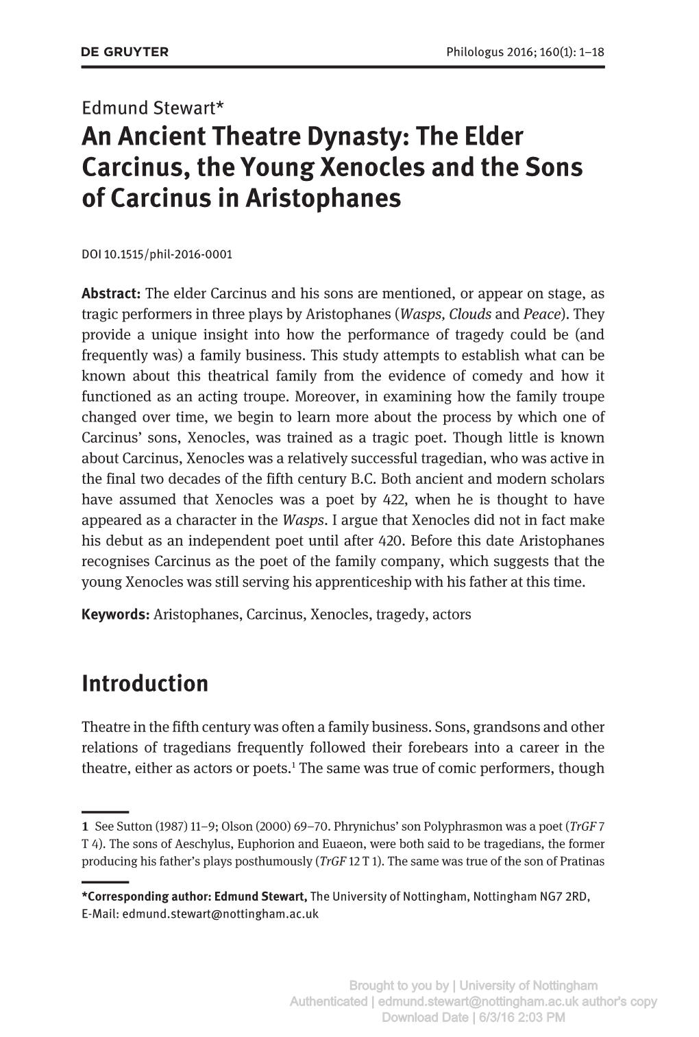 An Ancient Theatre Dynasty: the Elder Carcinus, the Young Xenocles and the Sons of Carcinus in Aristophanes