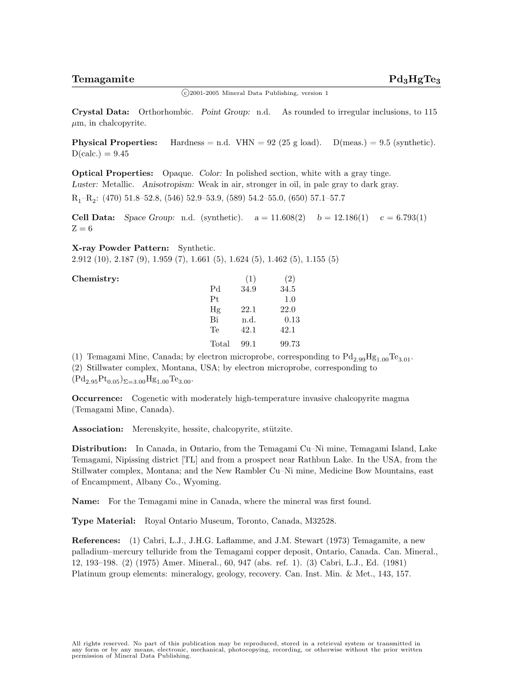 Temagamite Pd3hgte3 C 2001-2005 Mineral Data Publishing, Version 1