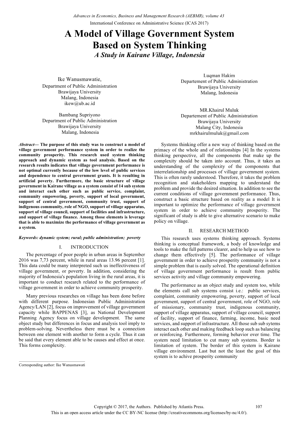 A Model of Village Government System Based on System Thinking a Study in Kairane Village, Indonesia