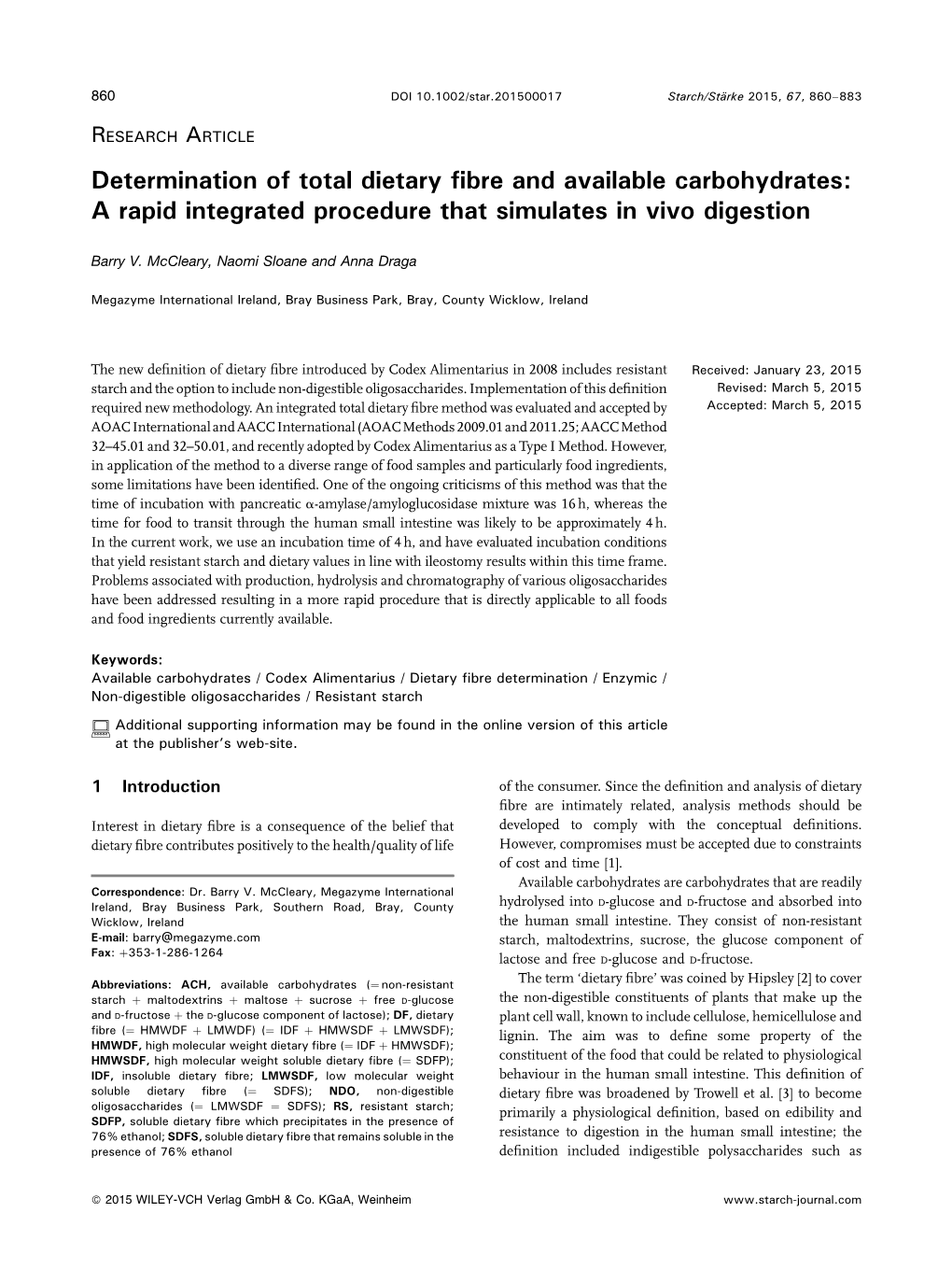 Determination of Total Dietary Fibre and Available Carbohydrates: a Rapid Integrated Procedure That Simulates in Vivo Digestion