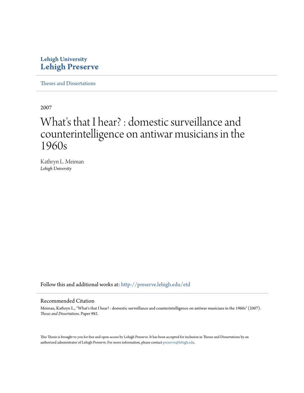 Domestic Surveillance and Counterintelligence on Antiwar Musicians in the 1960S Kathryn L