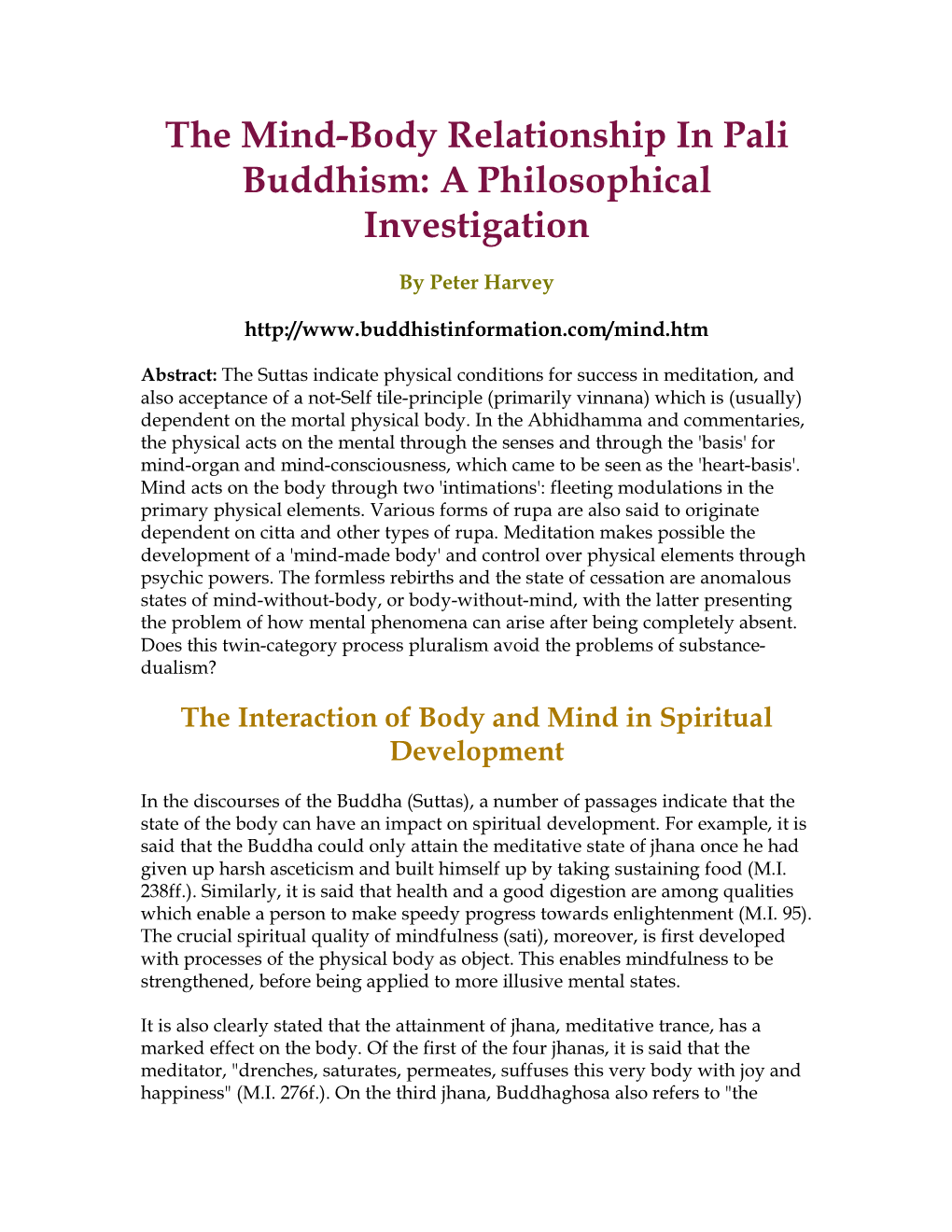 The Mind-Body in Pali Buddhism: a Philosophical Investigation