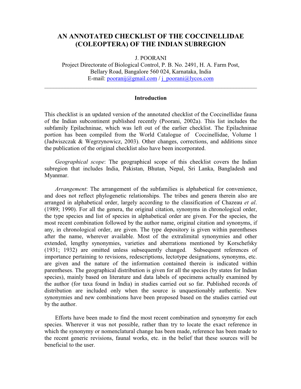 An Annotated Checklist of the Coccinellidae (Coleoptera) of the Indian Subregion