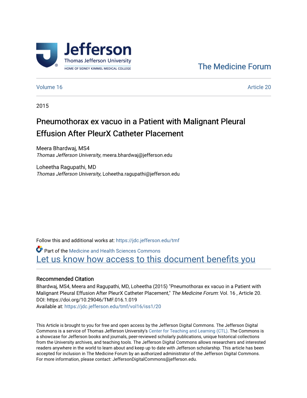 Pneumothorax Ex Vacuo in a Patient with Malignant Pleural Effusion After Pleurx Catheter Placement