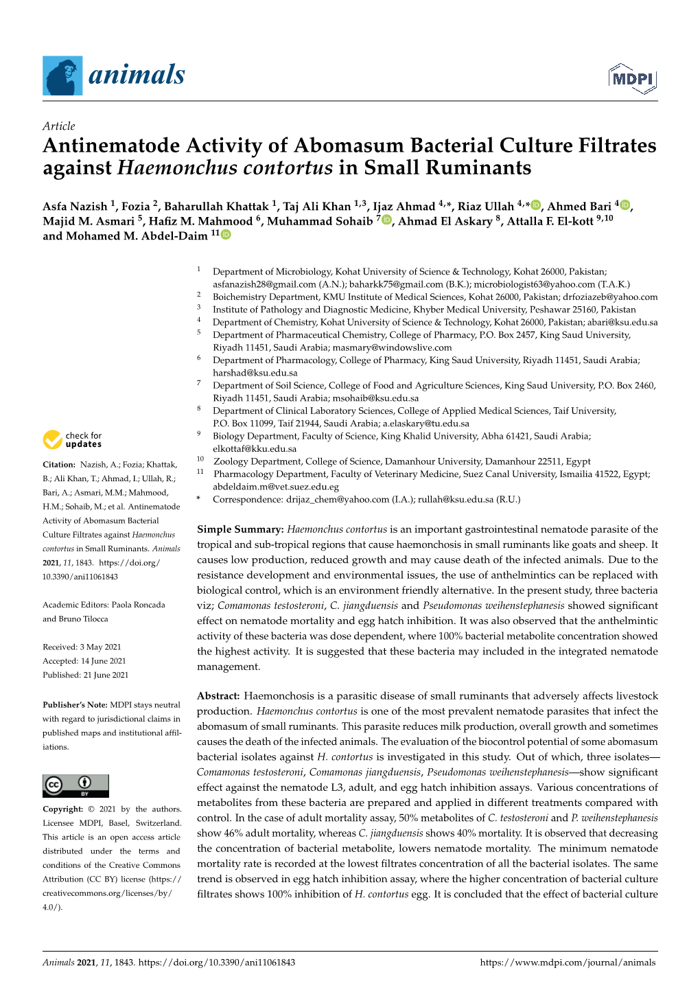 Antinematode Activity of Abomasum Bacterial Culture Filtrates Against Haemonchus Contortus in Small Ruminants