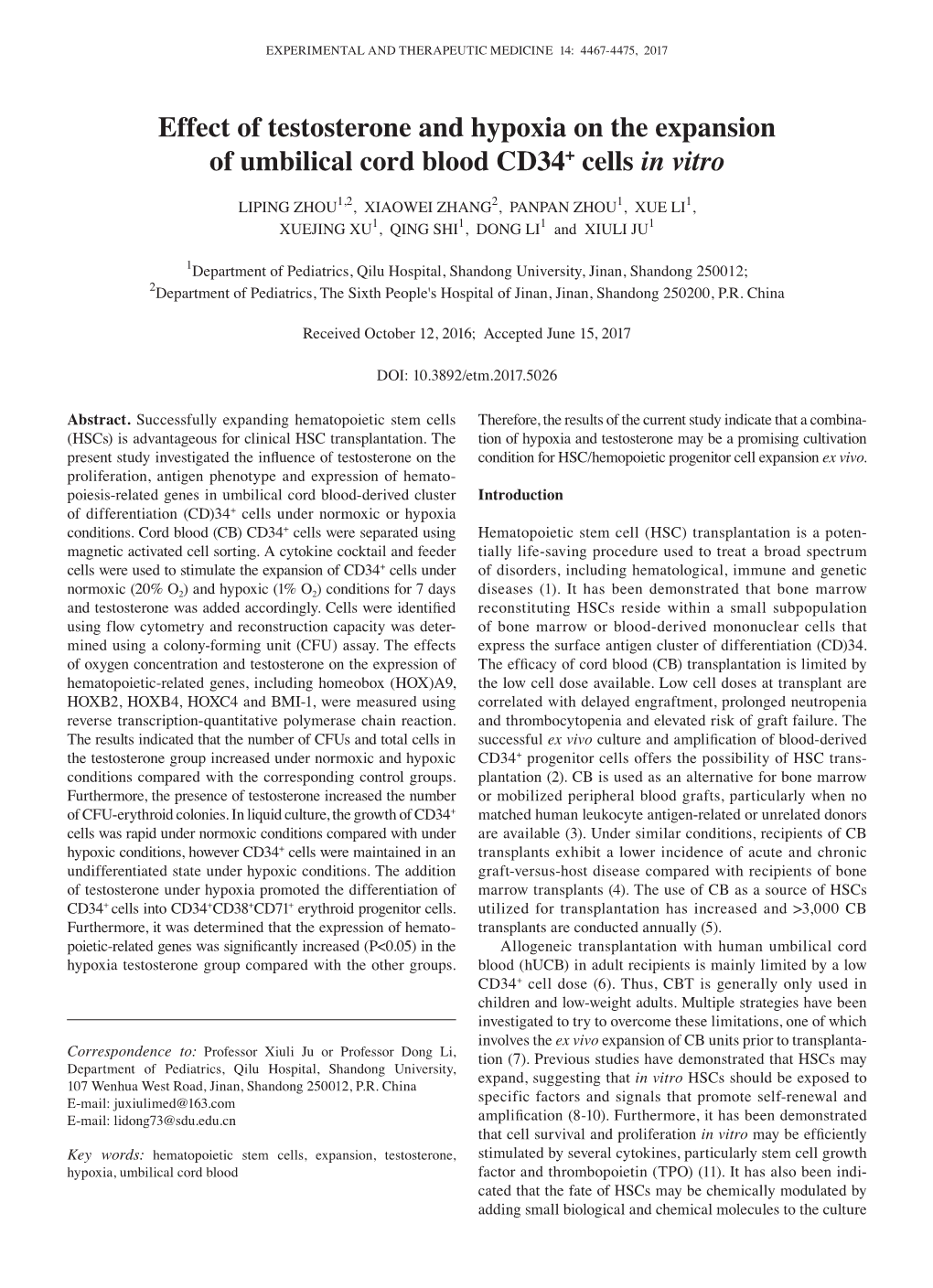 Effect of Testosterone and Hypoxia on the Expansion of Umbilical Cord Blood CD34+ Cells in Vitro