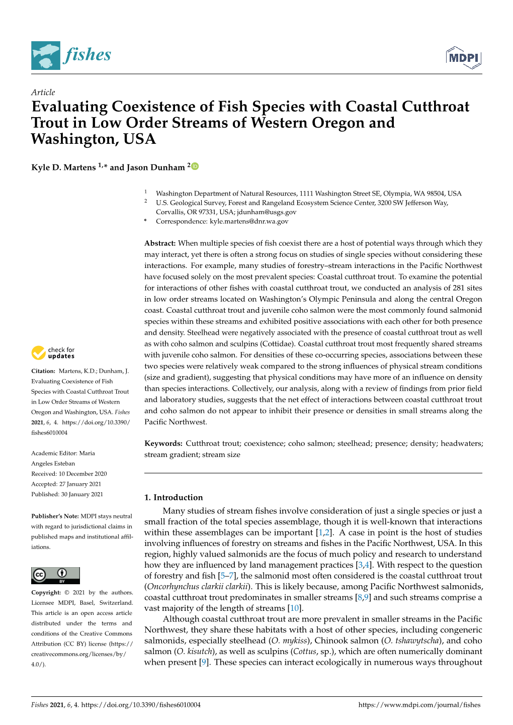 Evaluating Coexistence of Fish Species with Coastal Cutthroat Trout in Low Order Streams of Western Oregon and Washington, USA