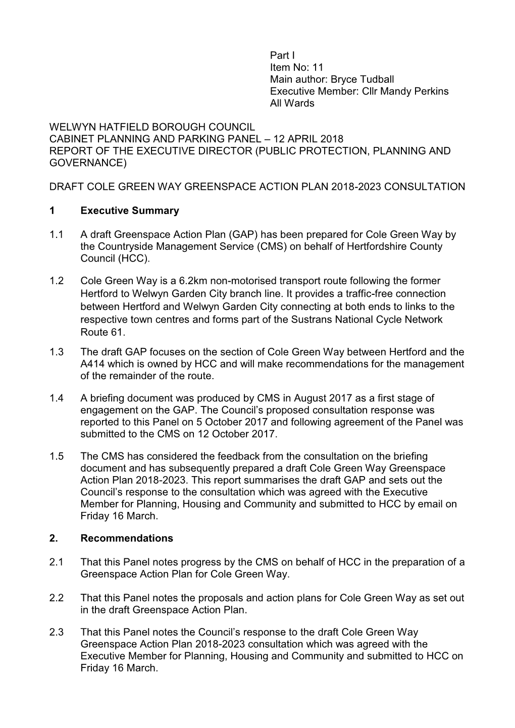 Draft Cole Green Way Greenspace Action Plan 2018-2023 Consultation Pdf 128 Kb