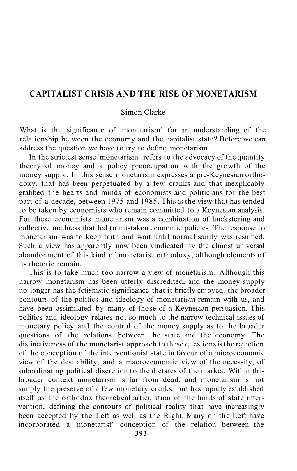 Capitalist Crisis and the Rise of Monetarism