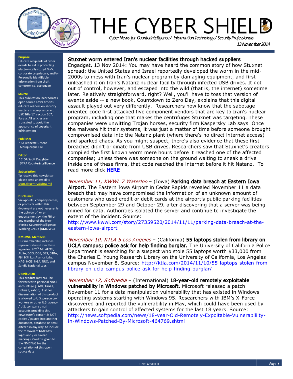 Cyber News for Counterintelligence / Information Technology / Security Professionals 13 November 2014