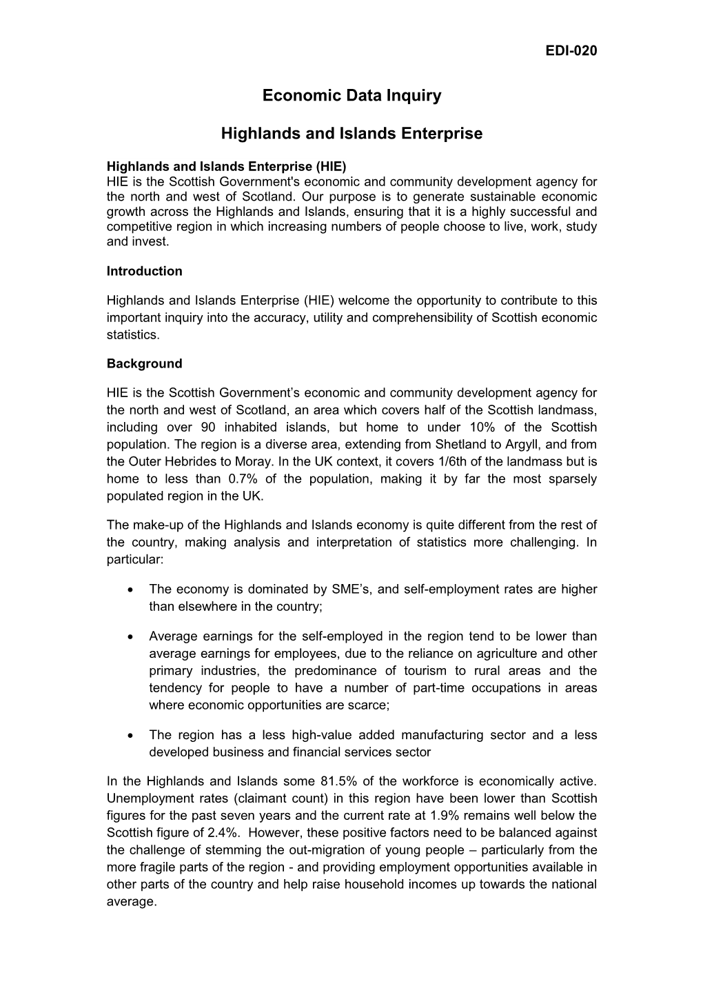 Economic Data Inquiry Highlands and Islands Enterprise