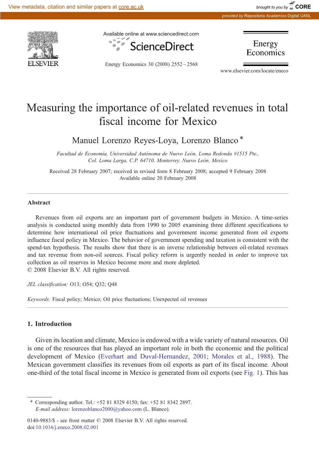 Measuring the Importance of Oil-Related Revenues in Total Fiscal Income for Mexico ⁎ Manuel Lorenzo Reyes-Loya, Lorenzo Blanco