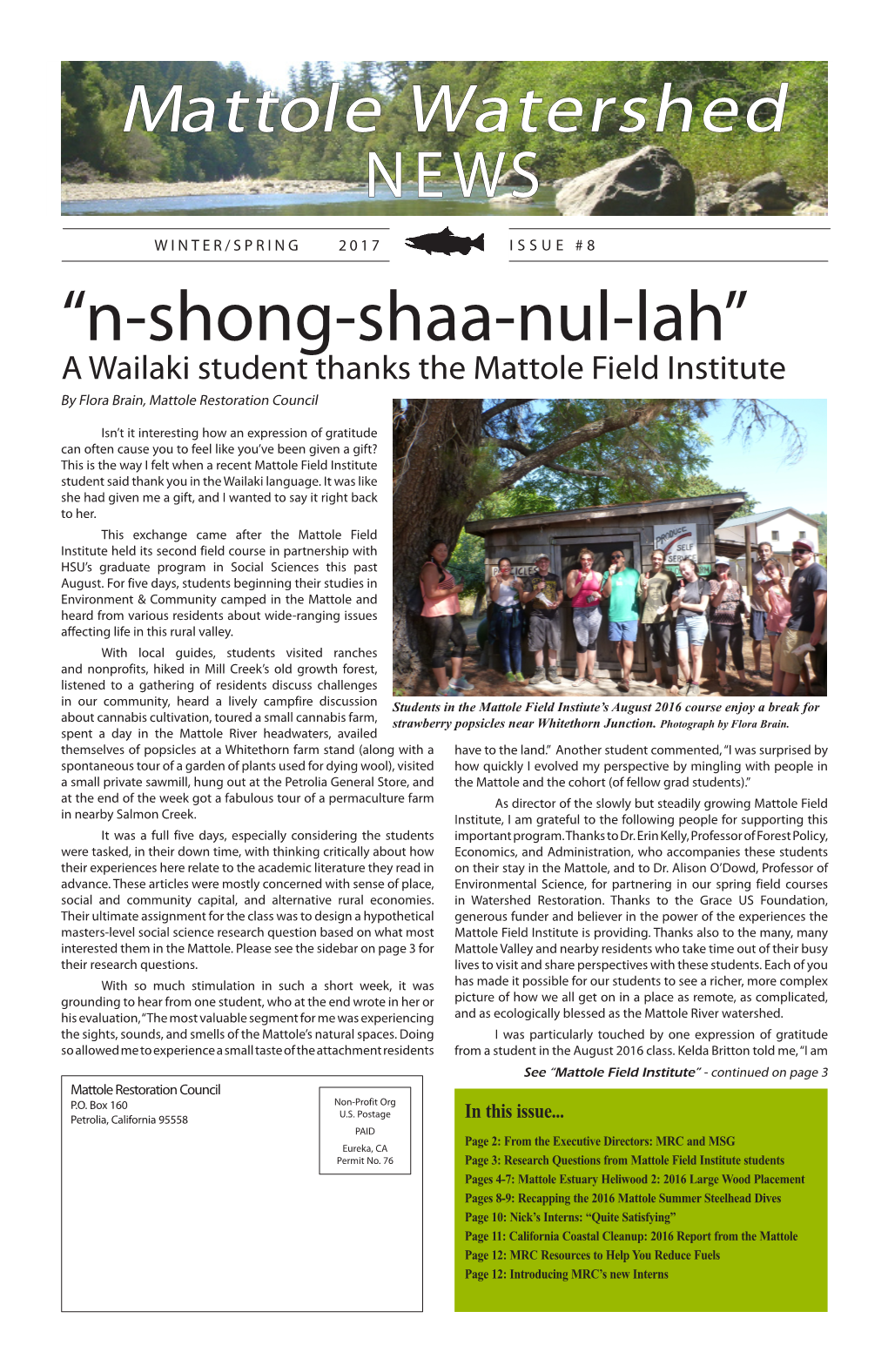 “N-Shong-Shaa-Nul-Lah” a Wailaki Student Thanks the Mattole Field Institute by Flora Brain, Mattole Restoration Council