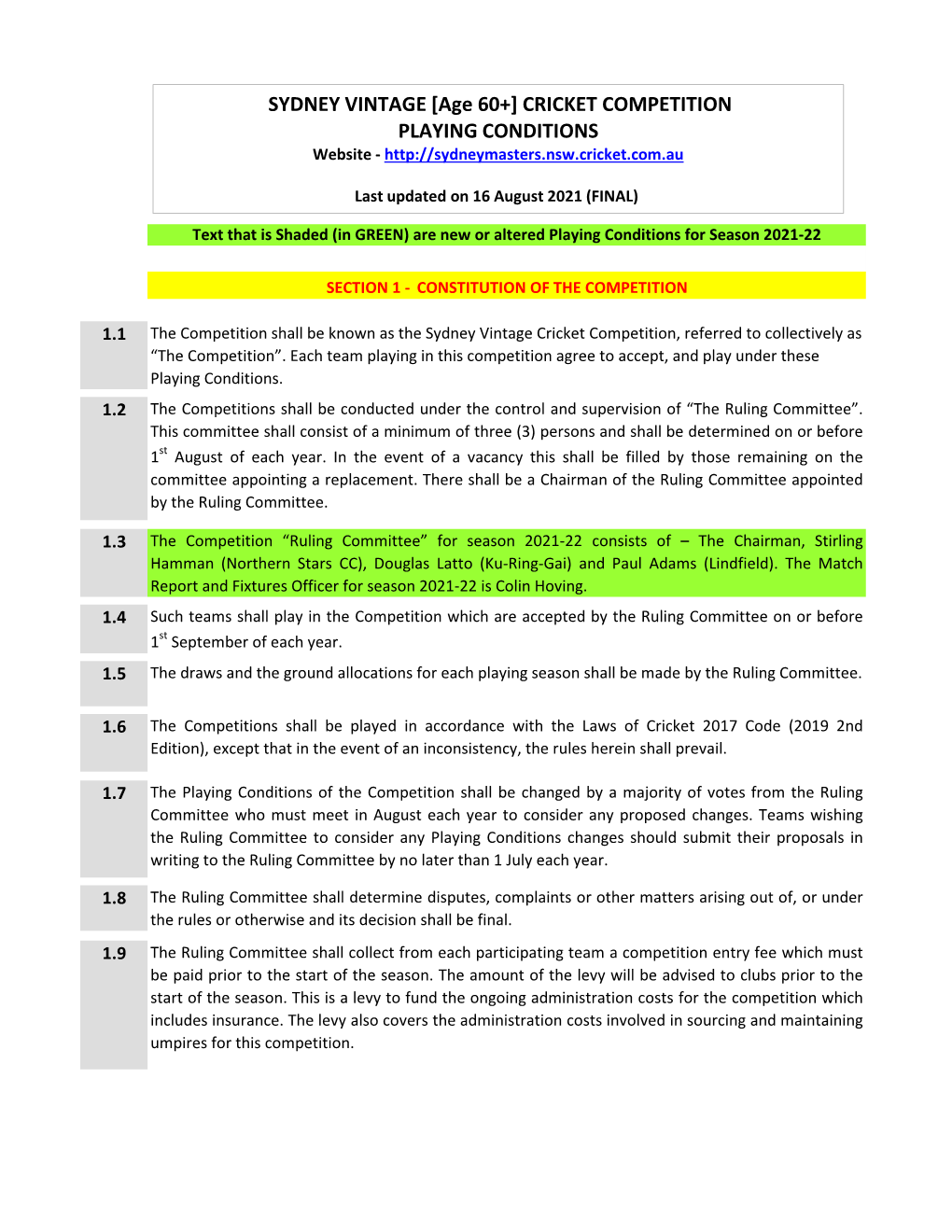 SYDNEY VINTAGE [Age 60+] CRICKET COMPETITION PLAYING CONDITIONS Website