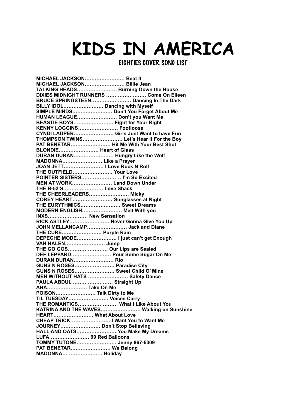 KIDS in AMERICA Cover Song List