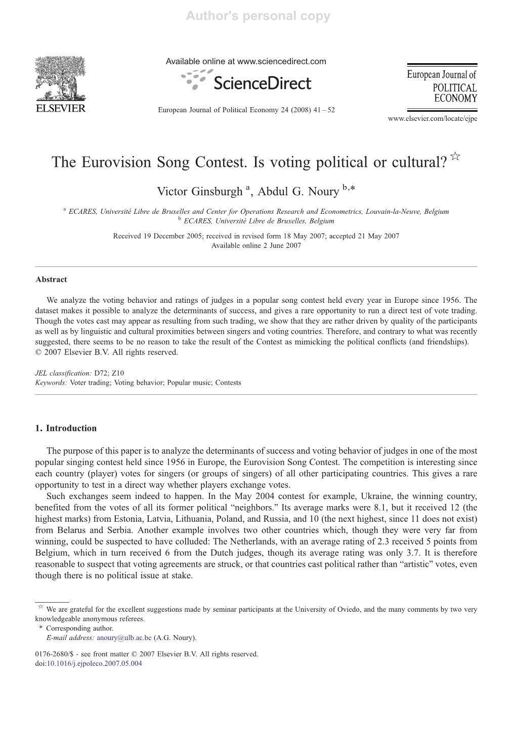 The Eurovision Song Contest. Is Voting Political Or Cultural? ☆ ⁎ Victor Ginsburgh A, Abdul G